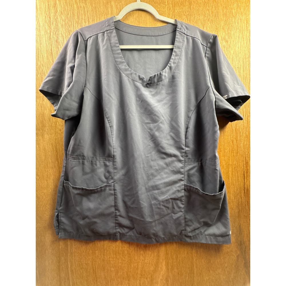 Grey's Anatomy Scrub Top Women XL Gray Excellent Short Sleeve Notch Neck Pockets